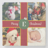 Dessous-de-verre En Pierre Joyeux Noël Famille Photo Rouge Vert Monogramme (Devant)