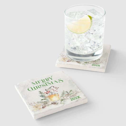 Dessous-de-verre En Pierre Joyeux Noël Typographie & Bouquet de Noël (Côté)