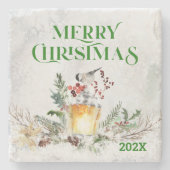 Dessous-de-verre En Pierre Joyeux Noël Typographie & Bouquet de Noël (Devant)