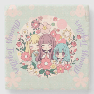 Dessous-de-verre En Pierre Kawaii Trio - Mignonnes Filles Anime & Vibes Flora