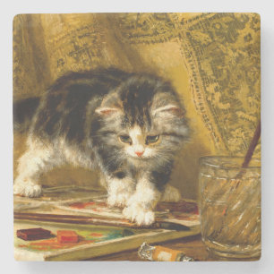 Dessous-de-verre En Pierre Kitten avec peinture et brosses