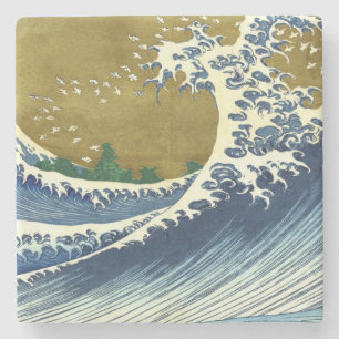 Dessous-de-verre En Pierre La Grande Vague (Art Japonais Bleu et Or, Hokusai)