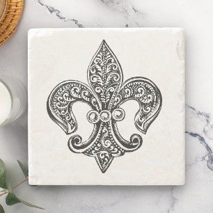 Dessous-de-verre En Pierre Lacy Fleur De Lis noir et blanc vintage