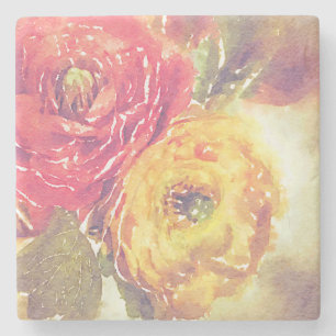 Dessous-de-verre En Pierre Le beau Ranunculus jaune rouge fleurit l'aquarelle