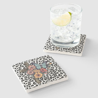 Dessous-de-verre En Pierre Léopard des neiges croisé, fleurs et papillons
