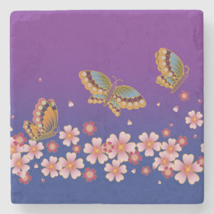 Dessous-de-verre En Pierre Les papillons japonais au milieu du Sakura fleuris