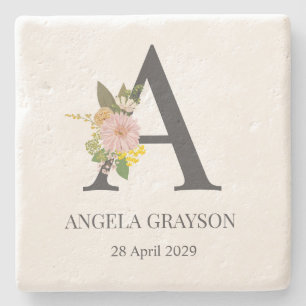 Dessous-de-verre En Pierre Lettre A Monogramme Floral Nom et Date Personnalis
