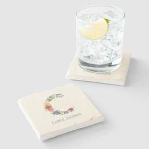 Dessous-de-verre En Pierre Lettre C Jardin Floral Monogramme Personnaliser