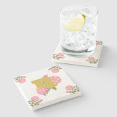 Dessous-de-verre En Pierre Lettre initiale du Rose floral Monogramme Nom Coup (Côté)