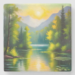Dessous-de-verre En Pierre Lever de soleil sur des montagnes enneigées et un 