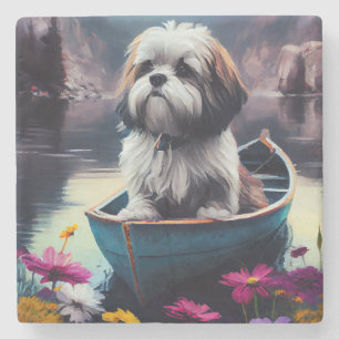 Dessous-de-verre En Pierre Lhassa Apso sur une rame : une aventure Pittoresqu