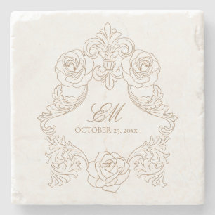Dessous-de-verre En Pierre Logo de mariage marron doré au monogramme de la cr