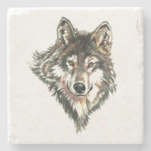 Dessous-de-verre En Pierre Logo Wolf Head Aquarelle