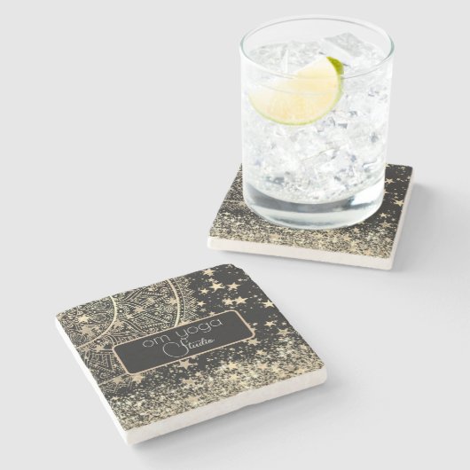 Dessous-de-verre En Pierre Lotus Mandala avec étoiles d'or sur Black Customis (Côté)