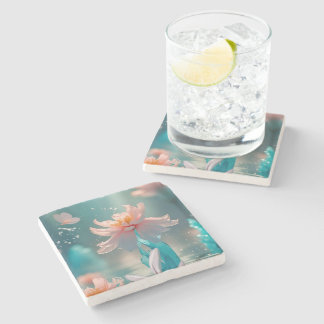 Dessous-de-verre En Pierre Lotus rose rêveur et papillon dans l'eau aqua
