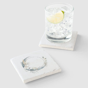 Dessous-de-verre En Pierre Lune de croissant bleu avec fleurs blanches