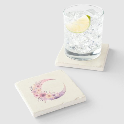 Dessous-de-verre En Pierre Lune rose Croissant avec de jolies fleurs (Côté)