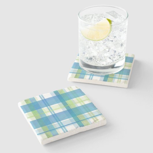 Dessous-de-verre En Pierre Madras Plaid Green et Blue (Côté)
