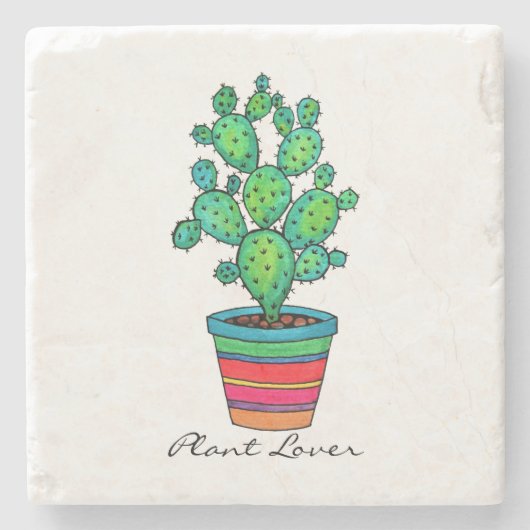 Dessous-de-verre En Pierre Magnifique Cactus Aquarelle En Beau Pot (Devant)