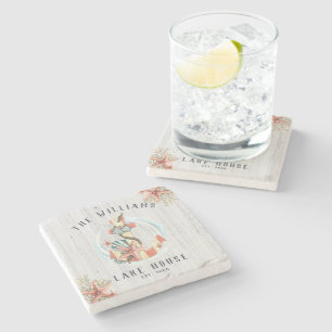 Dessous-de-verre En Pierre Maison de plage côtière nautique Ancre rustique