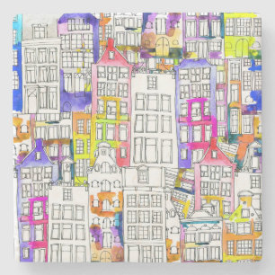 Dessous-de-verre En Pierre Maisons d'Amsterdam : Aquarelle Motif sans couture
