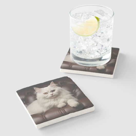 Dessous-de-verre En Pierre Majestic white cat (Côté)