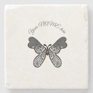 Dessous-de-verre En Pierre Mandala papillon boho complexe noir et blanc A