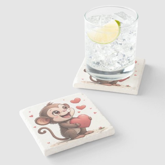 Dessous-de-verre En Pierre Marble Stone Coaster Valentine's Day Monkey Red  (Côté)