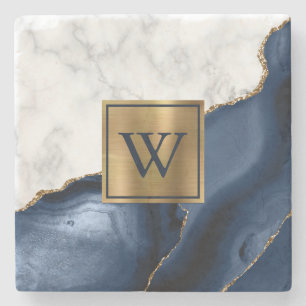 Dessous-de-verre En Pierre Marbre Blanc Agate Bleu Marine Doré Monogramme