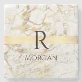 Dessous-de-verre En Pierre Marbre blanc et or, Nom noir et Monogramme (Devant)