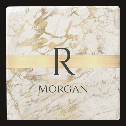 Dessous-de-verre En Pierre Marbre blanc et or, Nom noir et Monogramme