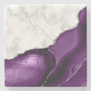 Dessous-de-verre En Pierre Marbre Faux Blanc Paillettes Argent Agate Violette