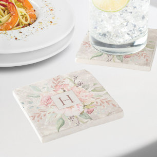 Dessous-de-verre En Pierre Marbre Floral Élégant Rose Pivoine Rose Pâle Monog