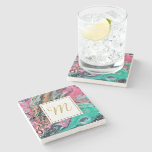 Dessous-de-verre En Pierre Marbre rose et vert monogramme