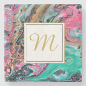 Dessous-de-verre En Pierre Marbre rose et vert monogramme (Devant)