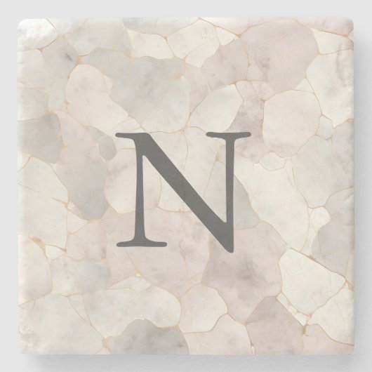 Dessous-de-verre En Pierre Marbre rose gris blanc doré monogrammé (Devant)