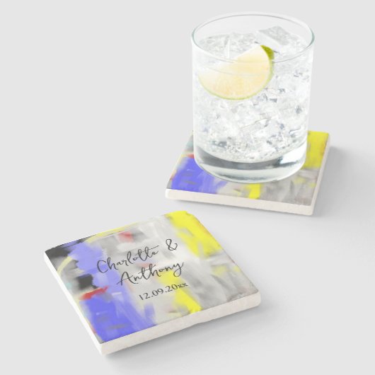 Dessous-de-verre En Pierre Mariage Créatif Art Abstrait Bleu Jaune Blanc (Côté)