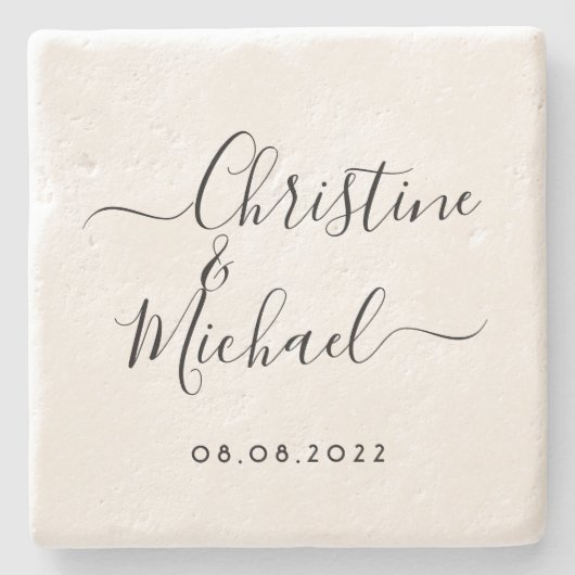 Dessous-de-verre En Pierre Mariage Date Mariée, Groom Calligraphie manuscrite (Devant)