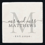 Dessous-de-verre En Pierre Mariage Date Nom Chic Écriture Monogramme Argenté<br><div class="desc">Sous-main en pierre élégant et moderne avec monogramme noir, portant le texte "Monsieur et Madame" ainsi que votre nom de famille et l'année de mariage, écrit dans un script calligraphique élégant avec un monogramme gris argenté. Ajoutez simplement votre nom, monogramme et année de mariage ci-dessous. Design élégant et cadeau de...</div>