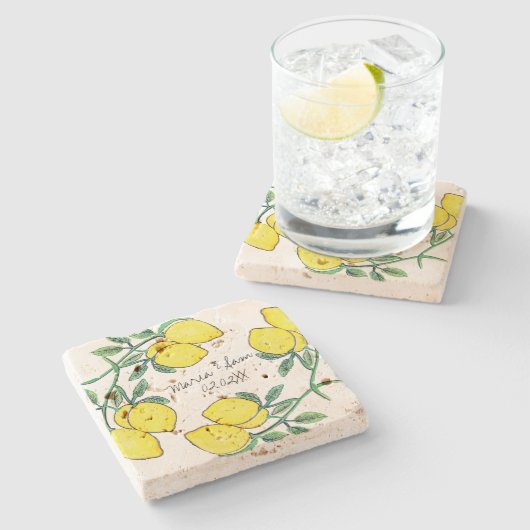 Dessous-de-verre En Pierre Mariage de script Citrus d'aquarelle (Côté)