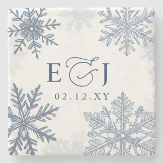Dessous-de-verre En Pierre Mariage d'hiver flocons de neige bleu argent Monog