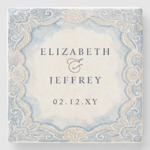 Dessous-de-verre En Pierre Mariage Dusty Blue Ivoire Dentelle Old Money