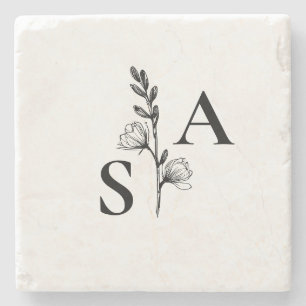 Dessous-de-verre En Pierre Mariage Fleur sauvage minimaliste BW Monogram