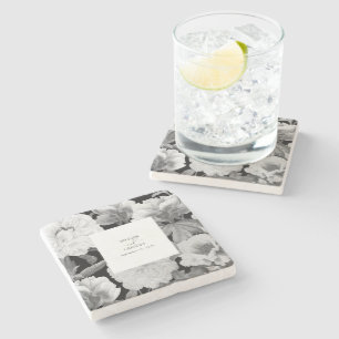 Dessous-de-verre En Pierre Mariage floral noir et blanc Peonies d'aquarelle