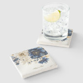 Dessous-de-verre En Pierre Mariage Marine Bleu Blanc Or Floral Argent (Côté)