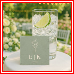 Dessous-de-verre En Pierre Mariage Monogramme Fleur Sauvage Vert Sauge