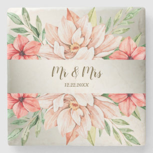 Dessous-de-verre En Pierre Mariage Peach Rose Orange Vert Floral Feuilles