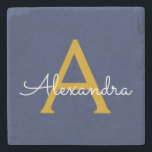 Dessous-de-verre En Pierre Marine Blue Gold Modern Script Girl Monogramme Nom<br><div class="desc">Marine Bleu et or Simple Script Monogramme Nom Pierre Carrelage. Cela rend la remise de diplômes parfaite,  doux 16 ans,  mariage,  douche nuptiale,  anniversaire,  baby shower ou cadeau de fête de bachelorette pour quelqu'un qui aime le luxe glam et les styles chic.</div>