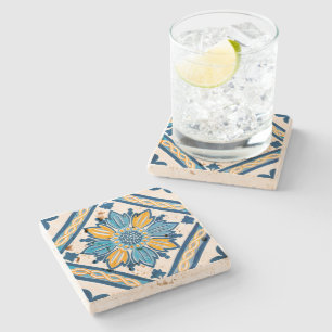 Dessous-de-verre En Pierre Marine et Jaune Azulejo Floral méditerranéen