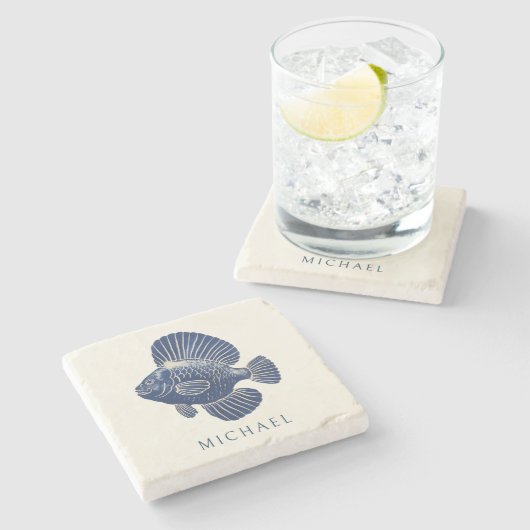 Dessous-de-verre En Pierre Marine Minimale Moderne Bleu Poisson Nautique Nom (Côté)